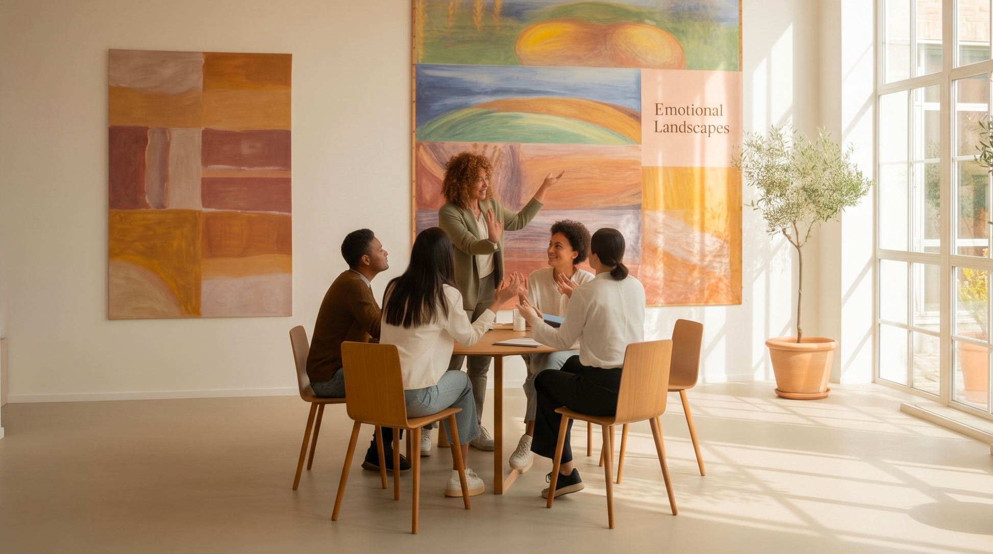 Atelier collectif autour d'une table — échanges et partage