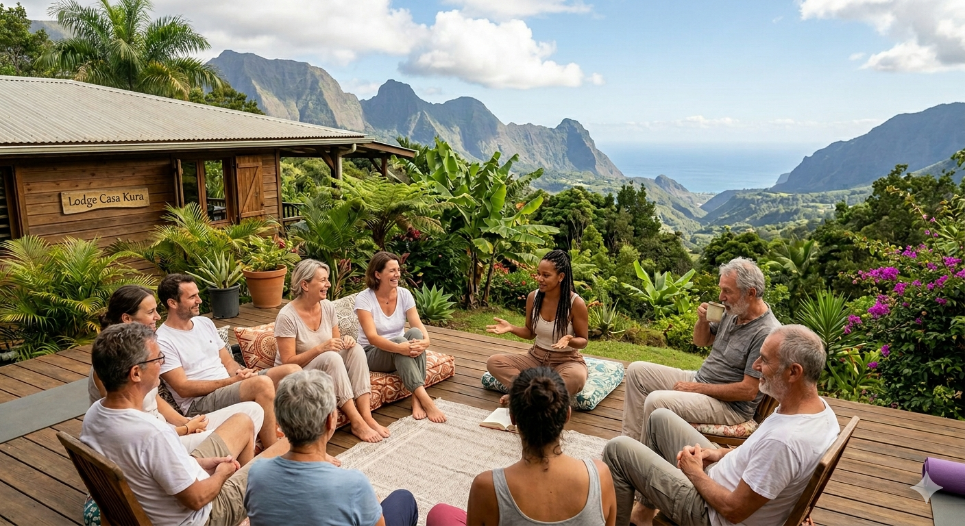 Retraite CASA KURA au Lodge à La Réunion, cercle de partage avec vue sur les montagnes